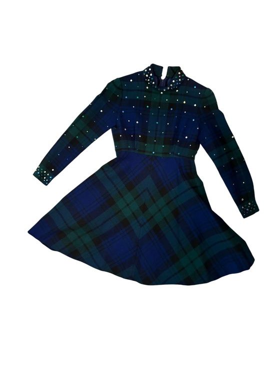 Vintage Dresses & Skirts - Vintage 1960s Wool Plaid Rhinestone Flare Mini Dress Tartan Pockets Neusteters